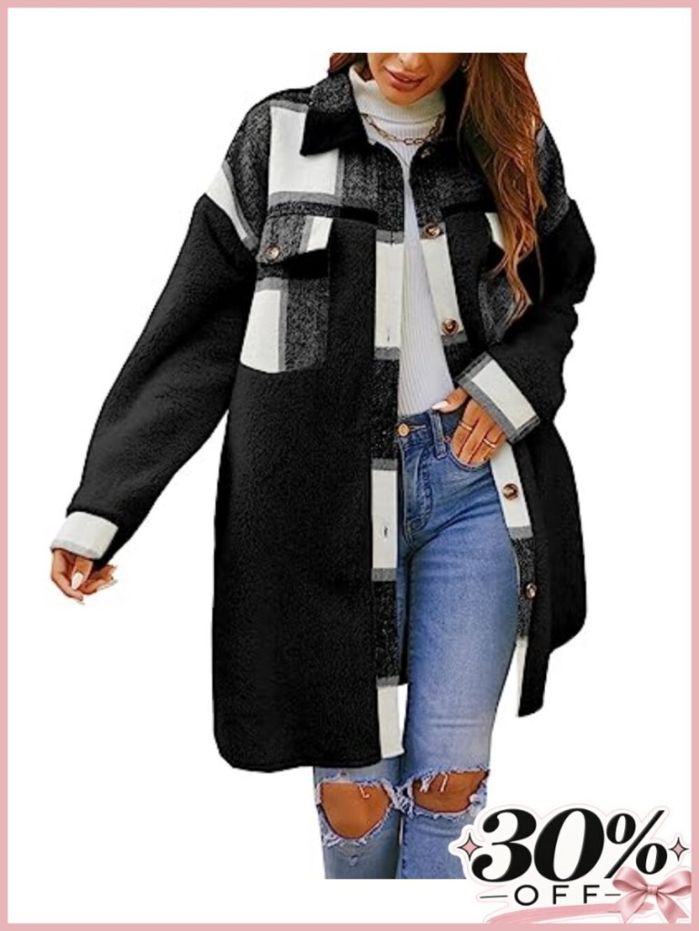 Fuzzy Fleece Plaid Shacket Button Down Flannel Jacket Loose Fit Winter Outwear